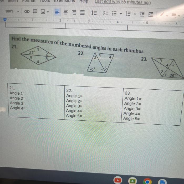 Find the measures of the numbered angles in each rhombus